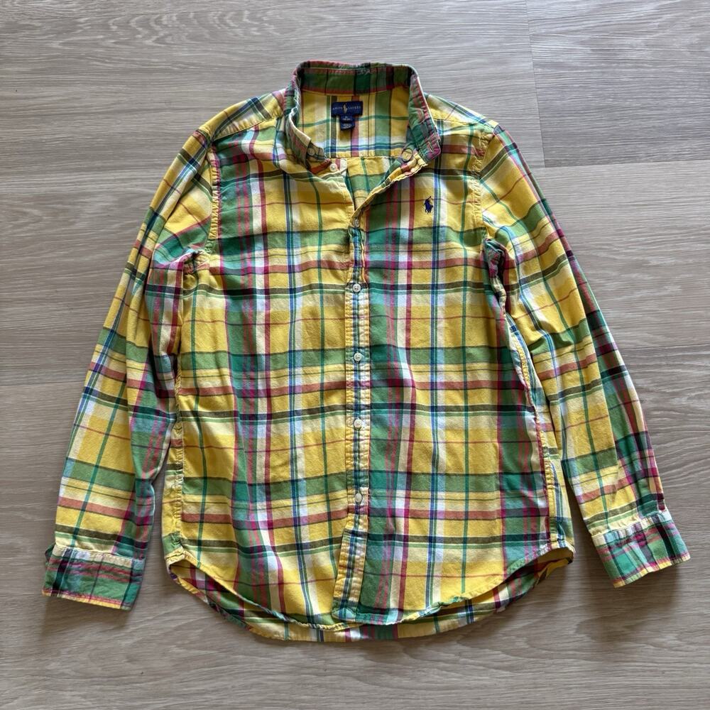 Ralph Lauren Boys Yellow Plaid Button Down Shirt Size L 18-20 Long Sleeve Casual